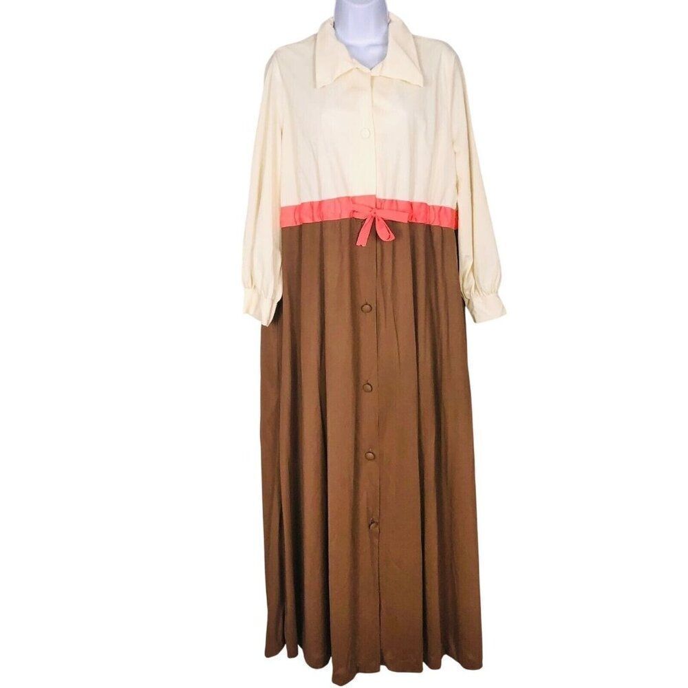 Vintage 70s Womens L Housecoat Robe Brown Beige Loungewear